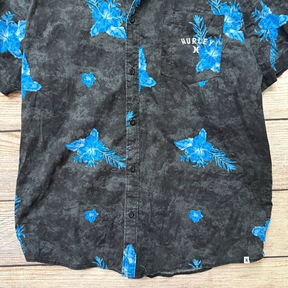 Hurley Mens Floral Button-Up Shirt Black Blue Hawaiian Short Sleeve Size XL - Picture 4 of 11